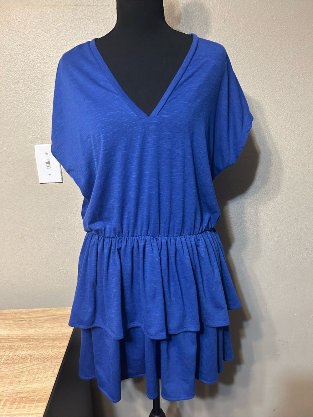 Emma & Michele Large Cobalt Blue Tiered Ruffle V Neck Mini Dress Stretch